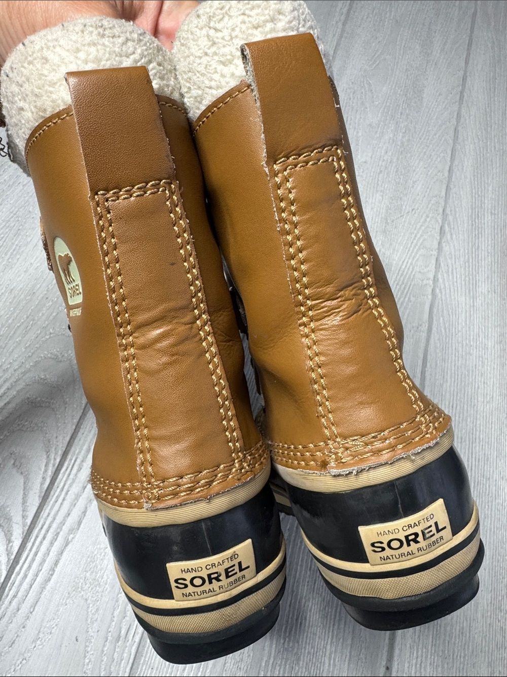Sorel Yoot Pac waterproof winter boots in tan leather with a black rubber shell - Picture 2 of 6